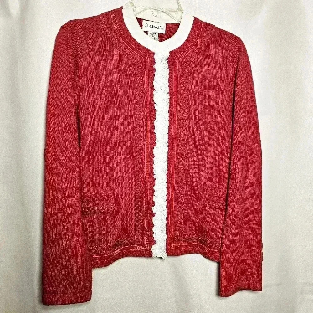 Vintage Chadwick's Womens Red Button-up Knit Sweater Mock White Ruffled Blouse